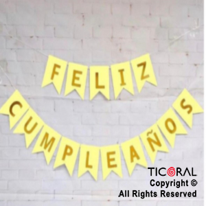 BANDERIN FELIZ CUMPLEAOS PARTY AMARILLO PASTEL CON STAMPING x 1